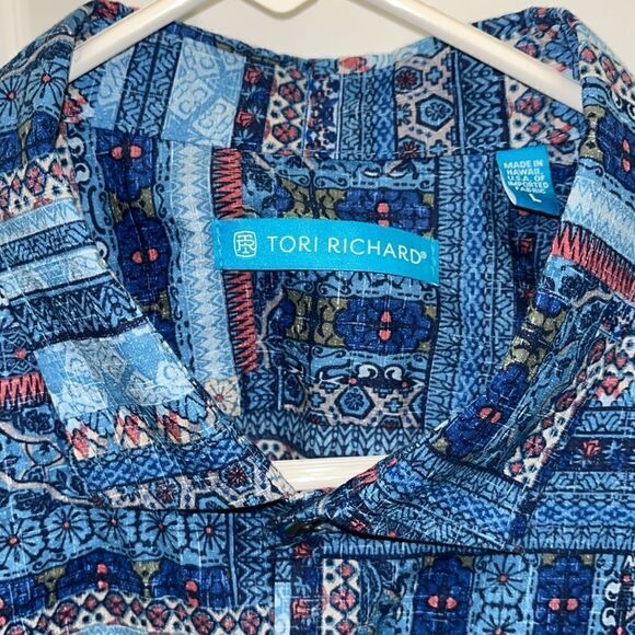 Tori Richard Blue Patchwork print cotton lawn Hawaiian Luau Swept Collar Shirt-L - Picture 2 of 5